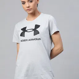 UNDER ARMOUR Women Grey Melange & Black Live Sportstyle Graphic Brand Logo Print T-shirt-picture-11