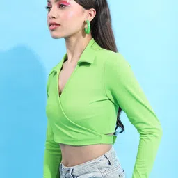 tokyo talkies Casual Extended Sleeves Solid Women Green Top image 3