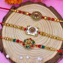 meira jewellery Religious Combo Set of 5 Rakhi with Roli Chawal n Gift Card Rakhi for BrotherRKH-1935 Gold Finish Rakhi Set-picture-3