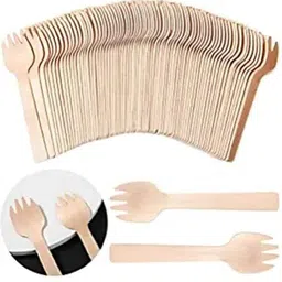 v4l Spork 2 in 1 (Spoon + Fork) Mini Wooden Cutlery Disposable Wooden Spork Set image 2