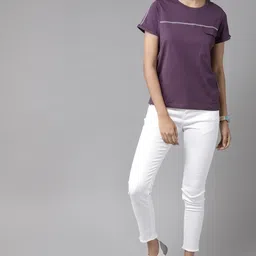 roadster Women Solid Round Neck Pure Cotton Purple T-Shirt-picture-13