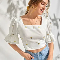 doresuzaa Casual Ruffled Sleeves Floral Print Women White Top image 1