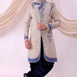 Pooja Ethnic Pooja Ethnic Men's Blue and Beige Silk Sherwani with Dhoti PE9031 Embroidered Sherwani image 2
