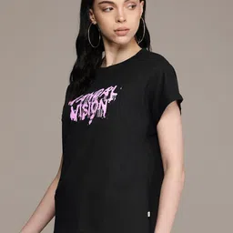 roadster Women Printed, Typography Round Neck Cotton Blend Black T-Shirt image 3