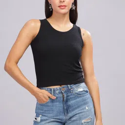 zerotoone Women Solid Round Neck Viscose Rayon Black T-Shirt-picture-28