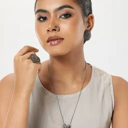 AITIHYA Gold-Plated Oxidised Jewellery Set With Ring & Nosepin-image-1