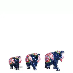 COOPTIC Blue& Red 3Pcs Wooden Elephant Design Showpiece image 1