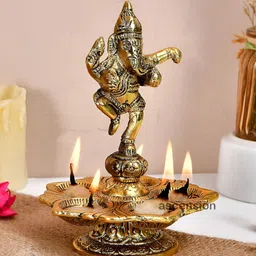 Ascension Gold Toned Metal Dancing Ganesh Diya with Wick Holder & Stand-image-10