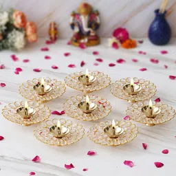 eCraftIndia Gold Toned 8 Pieces Bowl Shape Crystal Brass Diyas-image-47