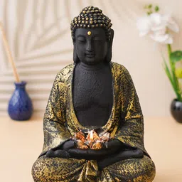 eCraftIndia Black & Gold-toned Buddha Idol With Lotus Flower in Hands Tea Light Holder image 4