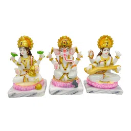 Gallery99 White & Gold Toned 3 Pieces Laxmi Ganesh And Saraswati Idol Showpiece image 2