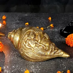 Two Moustaches Gold Toned Brass Shankh with Vishnu Carving Showpiece image 4