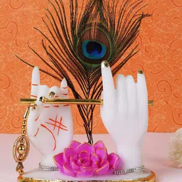 FASHIYANOO White & Green Ladoo Gopal With Morepankh on Rose Showpiece image 3