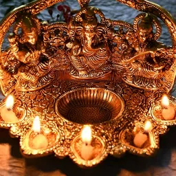 Aura Gold Toned Laxmi Ganesha Saraswati Diya image 5