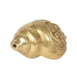 Two Moustaches Gold Toned Brass Shankh with Vishnu Carving Showpiece image 5