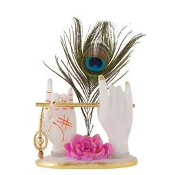 FASHIYANOO White & Green Ladoo Gopal With Morepankh on Rose Showpiece image 2