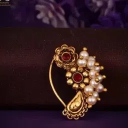 Vighnaharta Gold-Plated Stone-Studded & Pearl beaded Nosepin image 1