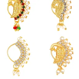 Vighnaharta Set Of 4 Gold-Plated AD Stone-Studded & Pearl Naths-picture-34