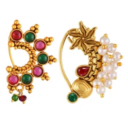 Vighnaharta Set Of 2 Gold-Plated Stone Studded & Pearls Beaded Ring Nosepins-image-31
