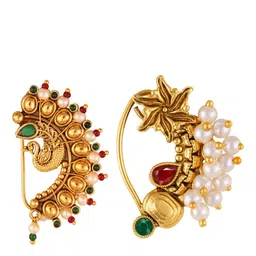 Vighnaharta Set Of 2 Gold-Plated Stone-Studded & Pearl Beaded Nosepins-picture-34
