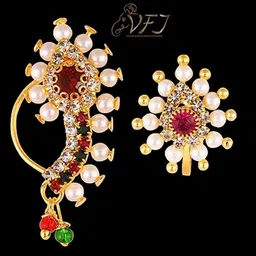 Vighnaharta Set Of 2 Gold-Plated Cubic Zirconia & Pearl Maharashtrian Nose Pin-picture-35