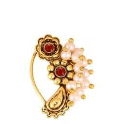 Vighnaharta Gold-Plated Stone-Studded & Pearl beaded Nosepin image 4