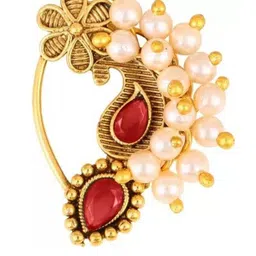 Vighnaharta Gold-Plated Stone-Studded & Pearl beaded Nosepin image 3