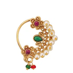 Vighnaharta Set Of 2 Gold-Plated Stone-Studded & Pearl Beaded Nosepin image 2