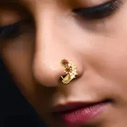 Vighnaharta Gold-Plated Stone-Studded & Pearl beaded Nosepin image 3