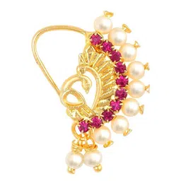 Vighnaharta Set Of 4 Gold-Plated Stone-Studded & Pearl Beaded Ring Nosepins image 2