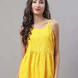 JAINISH Chikankari Embellished Cotton Empire Strappy Top-picture-10