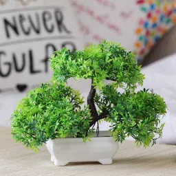 Small Green Leaves Plastic 3 Headed Bonsai Tree with Pot by Foliyaj image 1