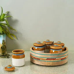 aakriti art creations Multicolor Ceramic and Wood 5 Pcs Storage Jar with Spoon & Tray image 1