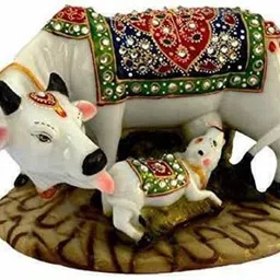 Decorative Cow and Calf Big Statue, Marble dust, Poly-Resin,Spiritual Vastu Nandi Pooja Figurine Sculpture, Kamdhenu Designer Stone Studded Gau MATA Animal Puja Idol Gift ans Home Decorative Showpiece-12.5 cm-image-10