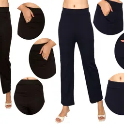fashion bazaar Pack of 2 Women Regular Fit Black, Dark Blue Cotton Blend Trousers-picture-10