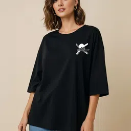 manlino Women Graphic Print Round Neck Cotton Blend Black T-Shirt image 2