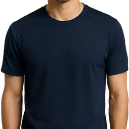 Men Solid Round Neck Polyester Navy Blue T-Shirt-image-0