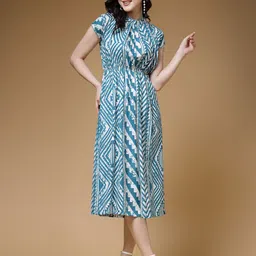 indibelle Women Gathered Light Blue, White Midi/Calf Length Dress-picture-13