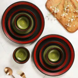 vareesha Bottle Green with Maroon Ceramic 12 Pieces Dinner Set- Dinner Plates, Side Plates, Katori bowls - 4 each-picture-19