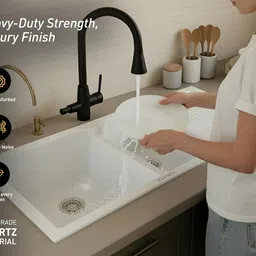 EVANEX Quartz Kitchen Sink | Double Bowl Quartz Sink, Scratch Resistant UV-Protected, Noise Reducing (Sand-Pluto With Drain Board, 45"x20"x9" Inches) Vessel Sink image 3