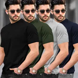 tripr Pack of 4 Men Solid Round Neck Cotton Blend Multicolor T-Shirt image 1