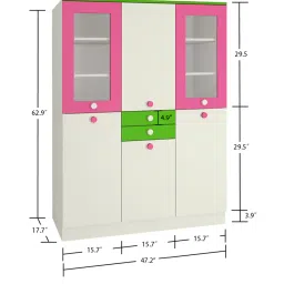 adona Lara Kids 3 Door Wardrobe with 2 Drawers & Glass Shutters in Barbie Pink & Green Colour image 4