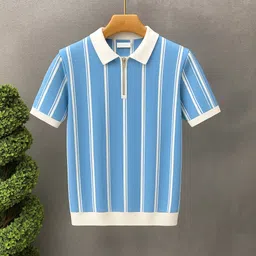nb nicky boy Men Striped Polo Neck Cotton Blend Light Blue, White T-Shirt-picture-25