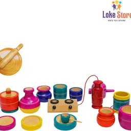 lokestore Handcrafted Wooden Kitchen Play Set for Girls ( Multi colour) image 2