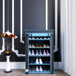 fabura Camaro Fabric Open Shoe Rack in Blue & Black Finish image 1