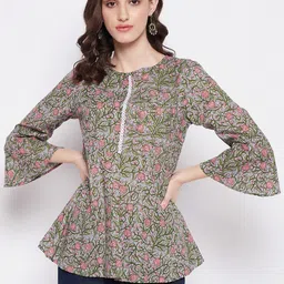 Imfashini Round Neck Floral Printed Longline Cotton A-Line Top-picture-34