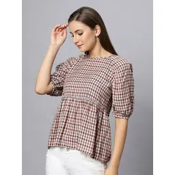 Chemistry Checked Puff Sleeve Cotton Peplum Top image 3
