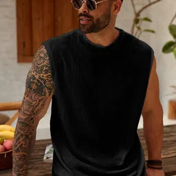 kajaru Men Self Design Round Neck Polyester Black T-Shirt image 5