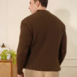 kvetoo Men Solid Mandarin Neck Brown Sweater image 2