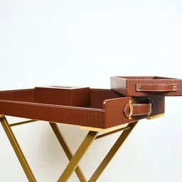 CasaGold Tan Brown Foldable Leather Butler Tray Table & Serving Tray & Tissue Box with Metal Stand image 5